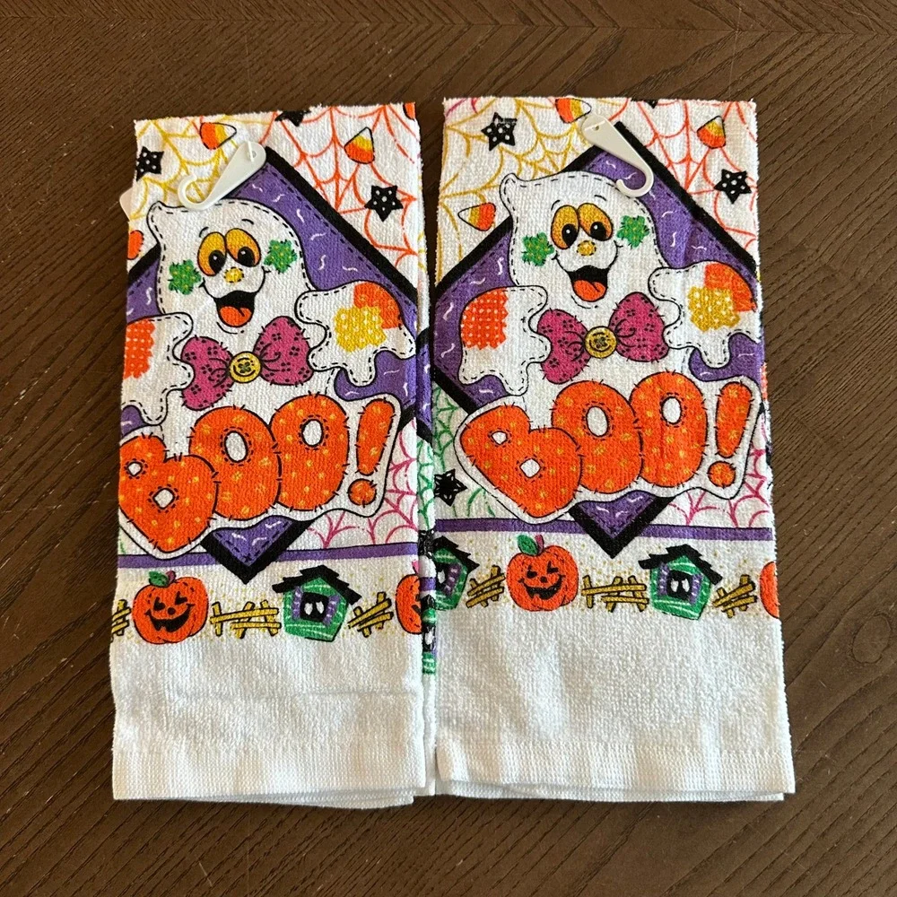 2 Trick or Treat Halloween Ghost Boo Hand Towels White Orange Purple New